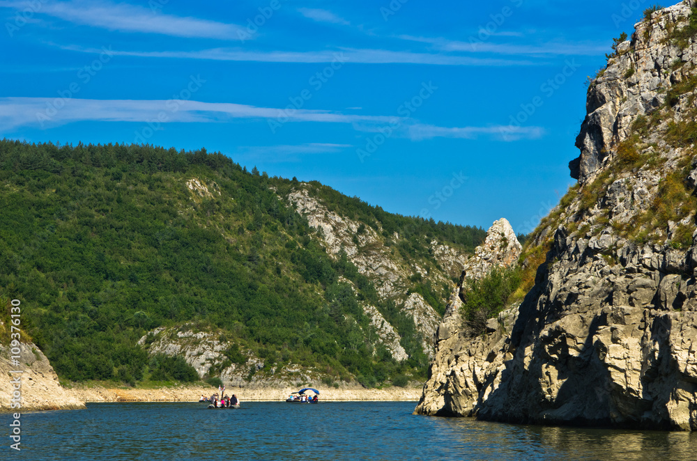 Rocky landscape of river Uvac gorge at sunny summer morning, southwest Serbia