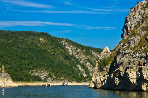 Rocky landscape of river Uvac gorge at sunny summer morning, southwest Serbia