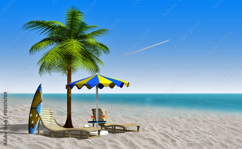 Sonnenliege mit Palme und Sonnenschirm am weißen Strand Stock-Illustration  | Adobe Stock