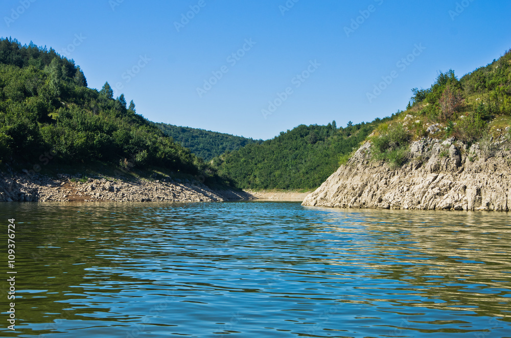 Rocky landscape of river Uvac gorge at sunny summer morning, southwest Serbia