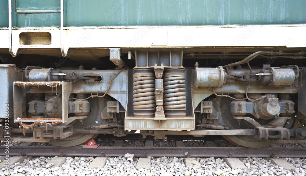 Outdoor exhibition of old trains chassis close-up Outdoor exhibition of old trains chassis close-up
