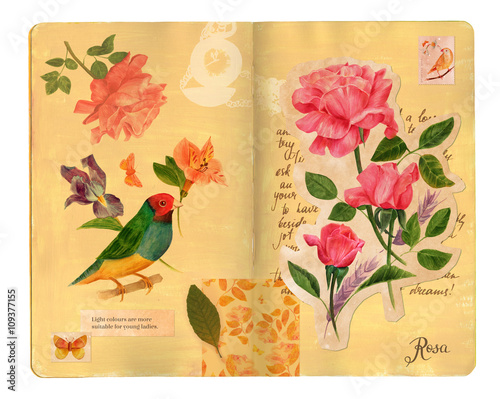 Vintage style collage with open journal and romantic watercolor flowers and bird