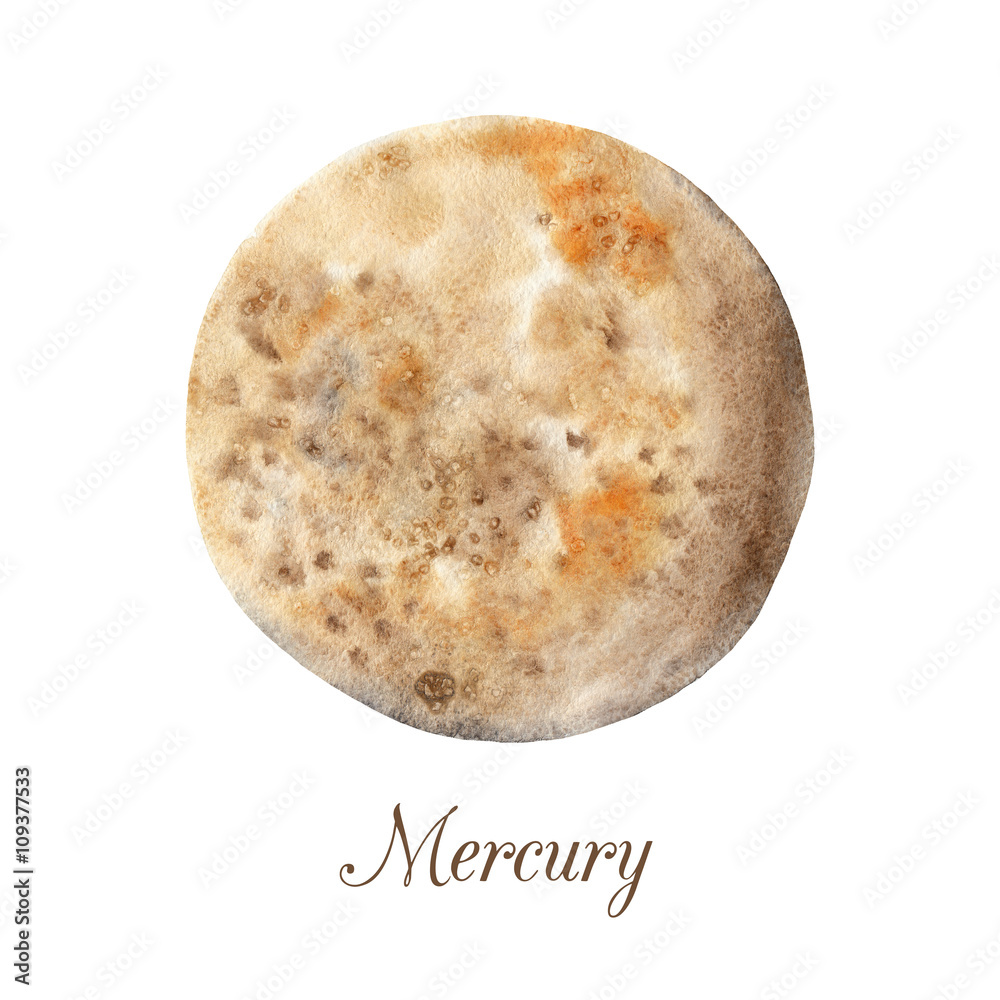 Planet Mercury. Watercolor illustration isolated on white background Planet Mercury. Watercolor illustration isolated on white background