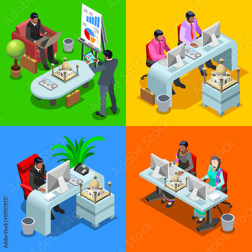Indian isometric people business infographic. Businessman business man and woman employee.Flat 3D isometric people set. Isolated vector illustration.