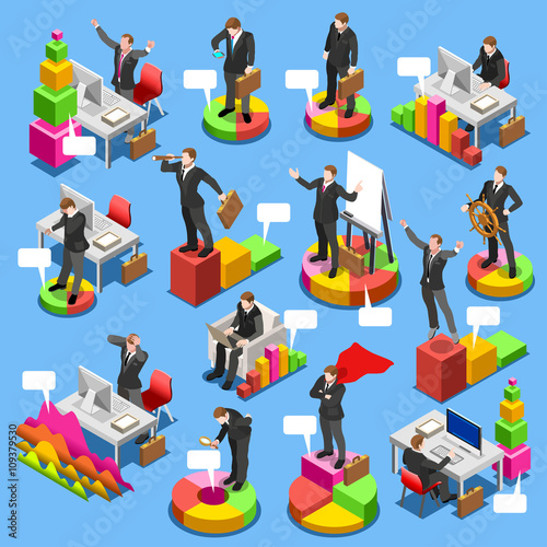Businessman isometric people collection. Business man characters on graph chart infographic icons. Flat 3D vector isolated business man