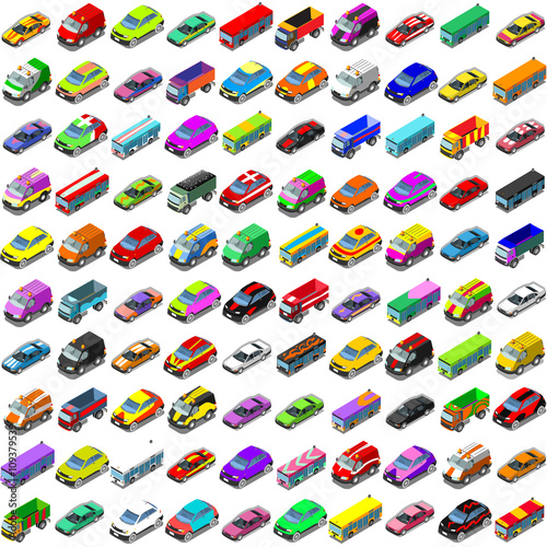 Car game icons. Flat 3d isometric city transport isolated car. Car van cargo truck off road bus. Transport set. Urban public and freight transport infographic