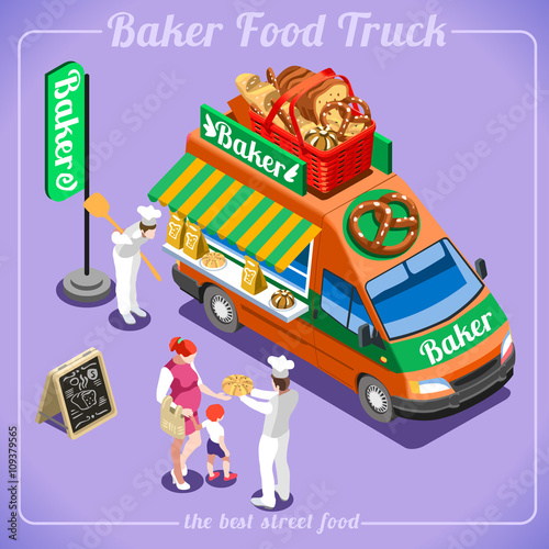 Bakery Food Truck Delivery Master. Street Food Chef Web Template. 3D Flat Isometric Vehicles Food Truck Infographic Elements Isolated Vector Image.
