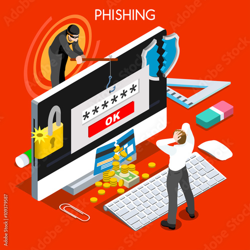 Hacker phishing infographic 3D flat isometric people design concept. Spam phishing attack risk threats for computer systems vector illustration