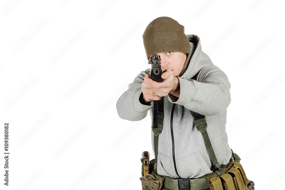 rebel or private military contractor holding black gun. war, arm rebel or private military contractor holding black gun. war, arm