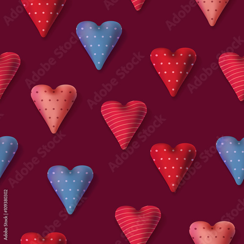 Seamless texture with textile hearts. Valentine card design.