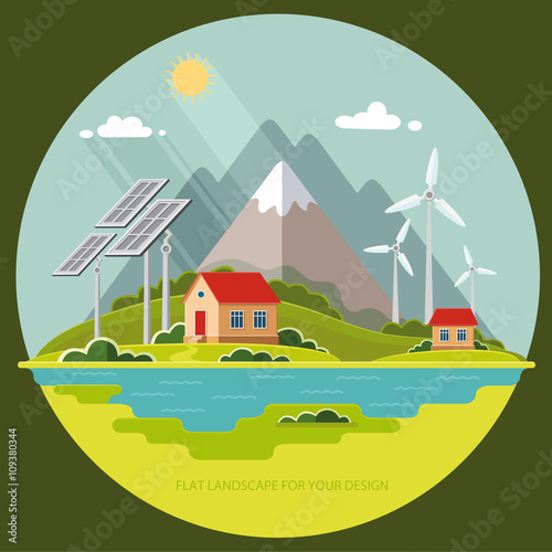 Environmental landscape cottages mountains in the background. So