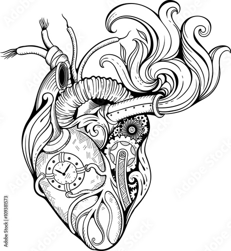  heart in steampunk style. Black and white.