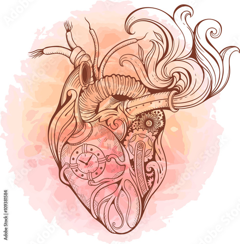  heart in steampunk style. Watercolor background.