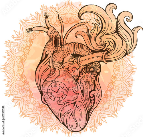 Image of heart in steampunk style. Watercolor background with fl