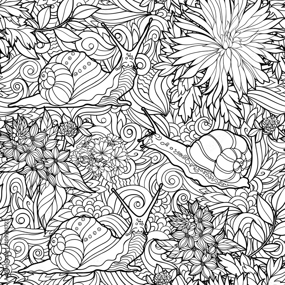 Fototapeta premium seamless pattern of flowers and snails.
