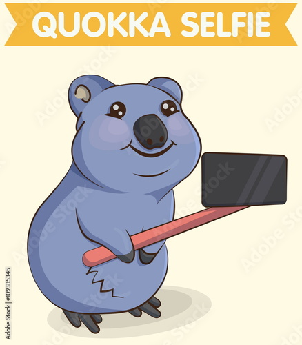 Cute cartoon smiling australian quokka animal making selfie photo with a phone and telescopic selfie stick. For mugs, t-shirts and other designs.