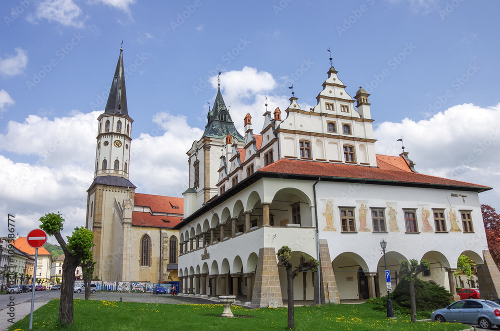  Old town hall and St. Jacob's Church in the main square of UNESCO listed medieval town of Levoca in eastern Slovakia.