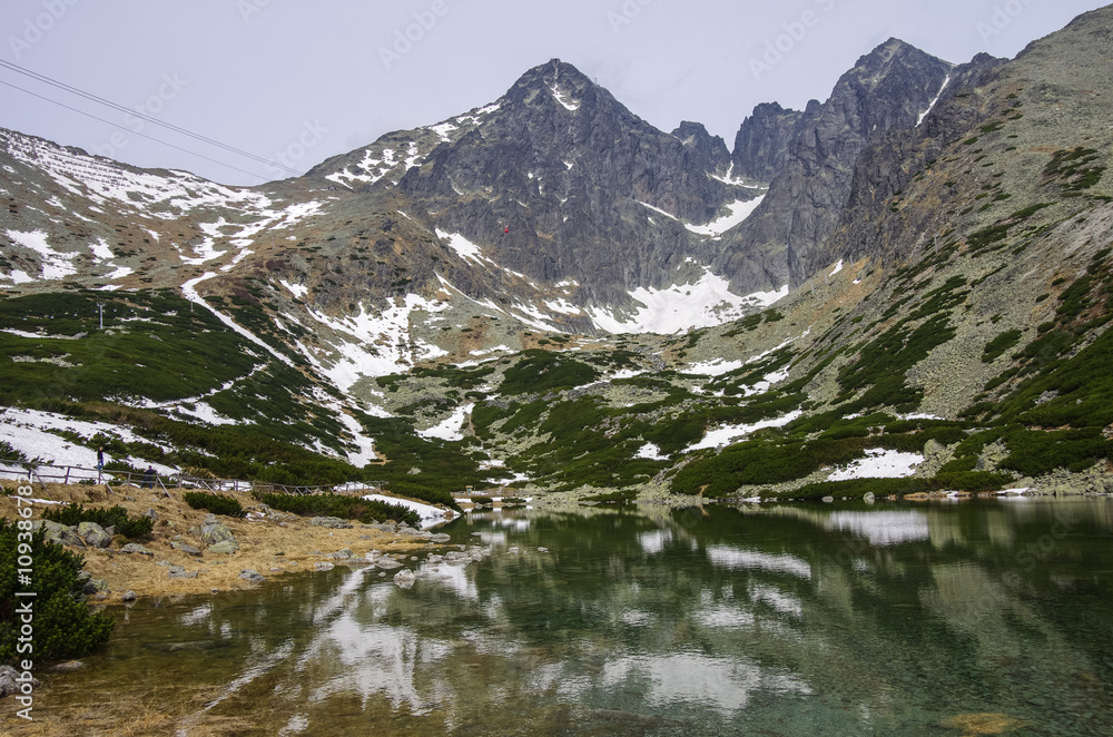 High Tatras - Lomnicky peak and Kezmarsky peak from Skalnate pleso mountain lake.  Slovakia.