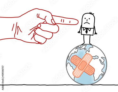 big hand and cartoon character - man on damaged Earth
