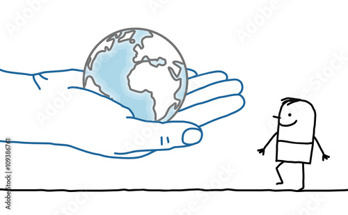 big hand and cartoon character - Earth and man