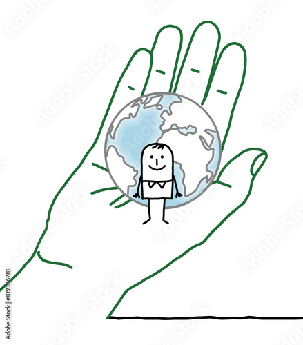 big hand and cartoon character - Earth and man