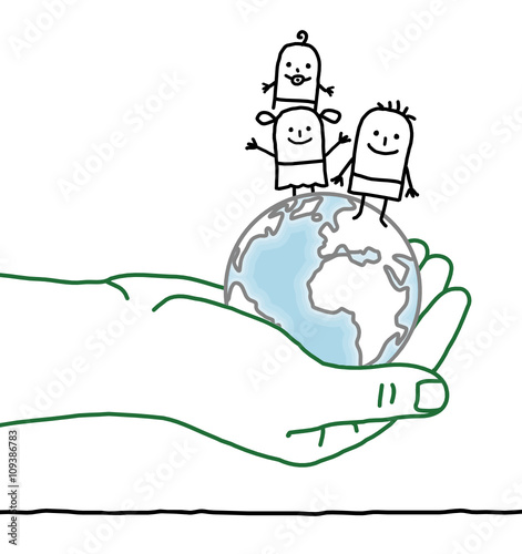 big hand and cartoon characters - kids on Earth