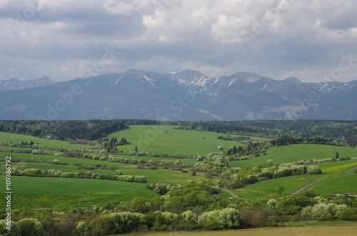 Meadows and High Tatras peaks panorama on background. Presov Region, Slovakia.