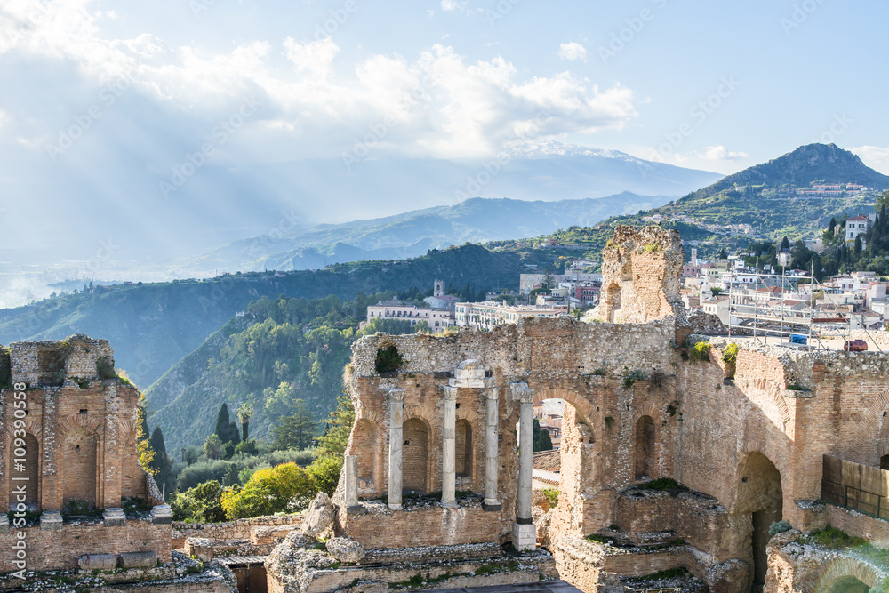 Ruins of the ancient greek theater of Taormina. Etna view. Sicily. Italy.