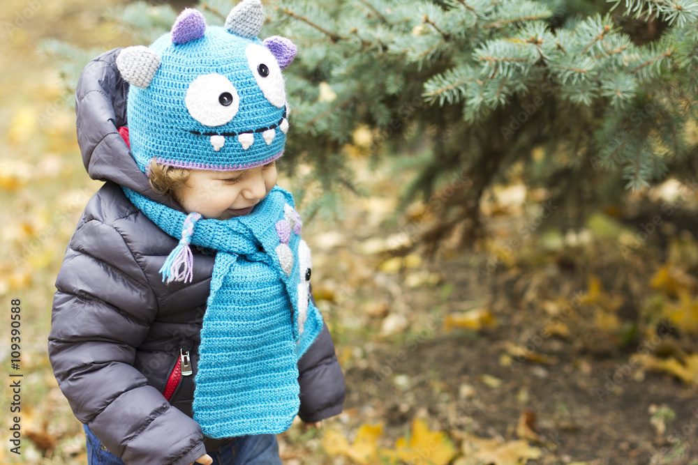 Happy baby in a funny hat on a walk. Walking outdoors in the fall.
Happy baby in a funny hat on a walk. Walking outdoors in the fall.