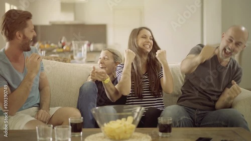 4k footage, soccer fan couple watching tv at home disappointed with referee desicion
 photo