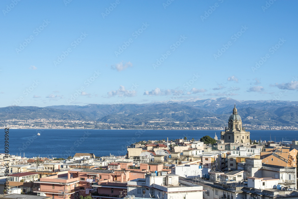 Panoramic view of the Messina. Temple Christ the King.  Sicily. Italy