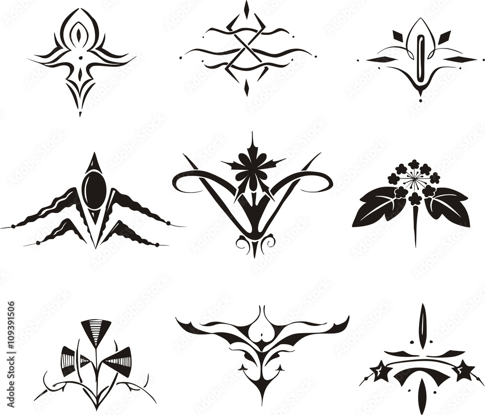 set of symmetrical floral decorative elements set of symmetrical floral decorative elements