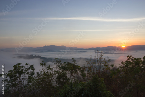The sun rises in the mist at Khao Kai Nui  Phangnga Thailand
