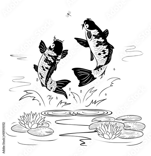 Two carp jump out from water after a dragon-fly