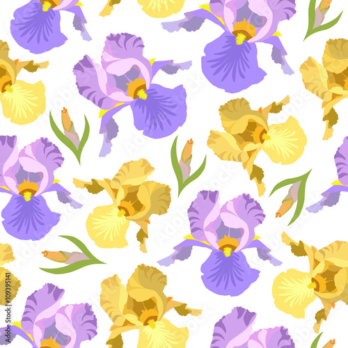 Beautiful seamless pattern with yellow and purple flowers irises on a white background.