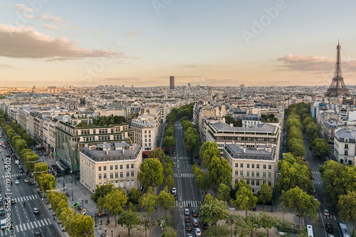 Paris view from Arc de Triomphe de l'Etoile on Sunset. France.