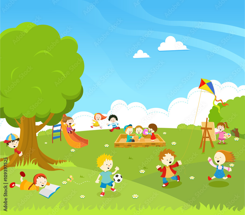 Kids Playing At Park Illustration