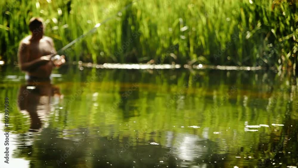 A fisher stands waist-deep in the water catching fish with a spinning A fisher stands waist-deep in the water catching fish with a spinning