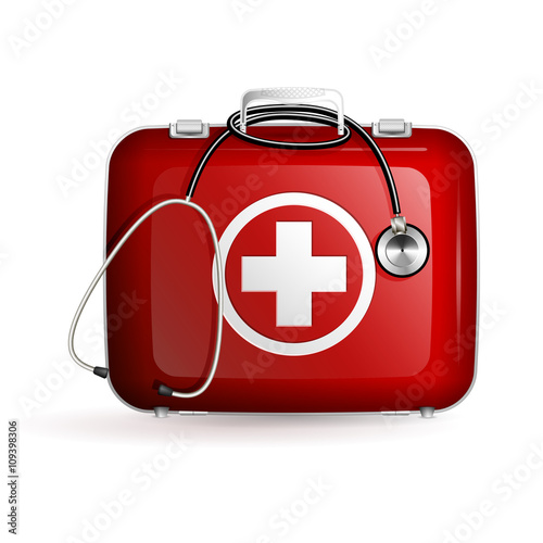 first aid red box with stethoscope on white background