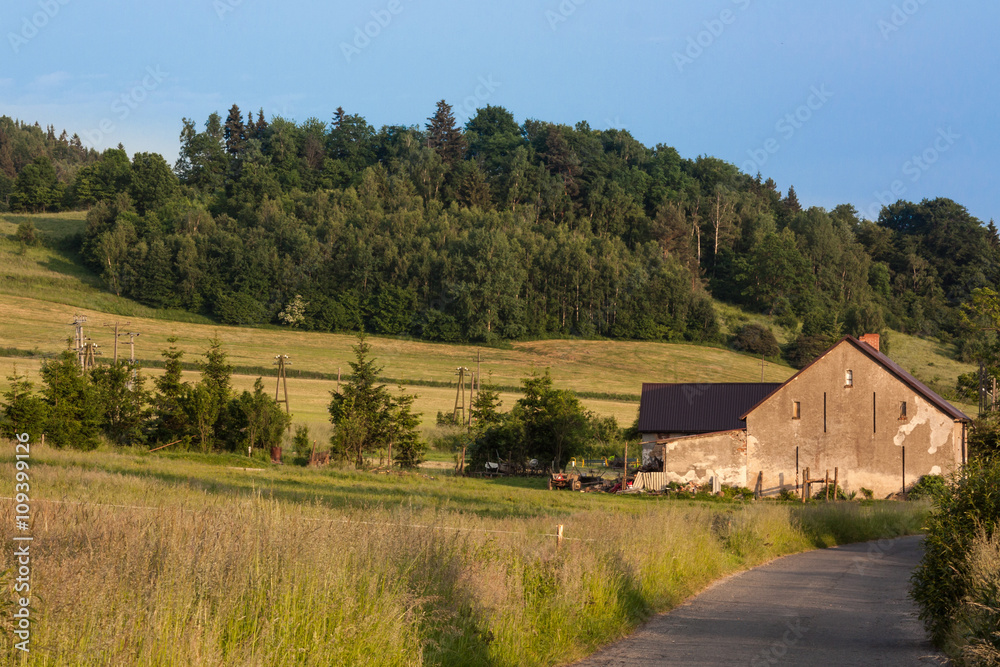 Farm in the mountains Kaczawskie. Western Sudetes, Kaczawskie Mountains, Village Swidnik, Poland, Lower Silesia Region. The month of June. Farm in the mountains Kaczawskie. Western Sudetes, Kaczawskie Mountains, Village Swidnik, Poland, Lower Silesia Region. The month of June.