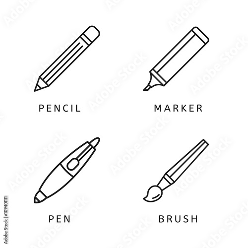 Line icons set of pen, pencil, marker, paint brush