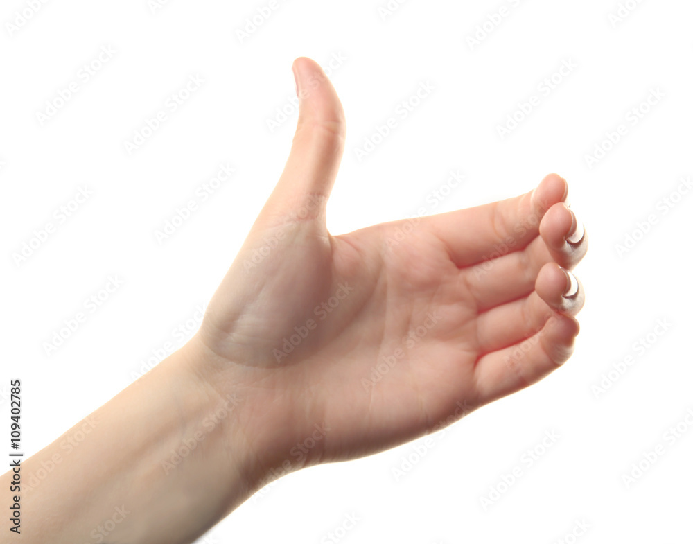 Female hand on white background Female hand on white background