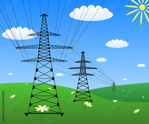 Power line on a green field. Vector EPS10