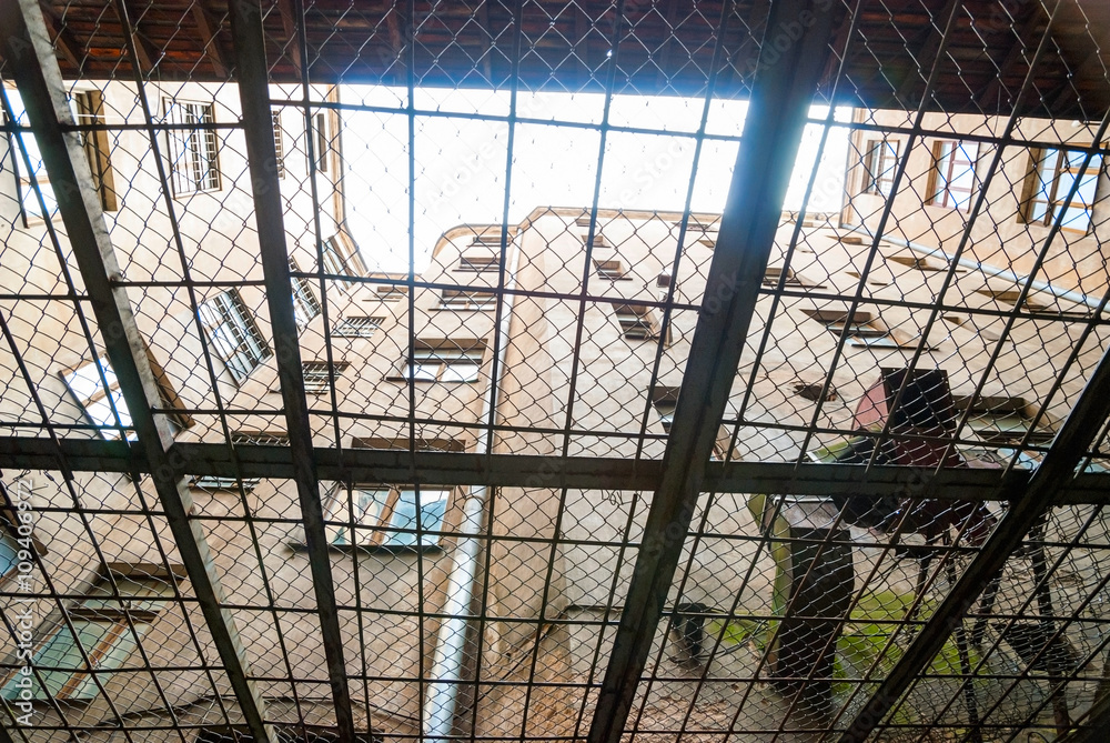 Fototapeta premium View from below of kgb prison yard in Riga