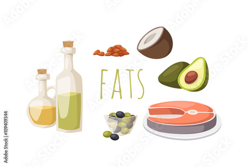 Food fats good high in protein isolated on white avocado, nuts and fish meat vector.