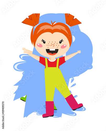 Adorable girl puddle at rainy day springtime jump water pink boots character vector.  © Vectorvstocker