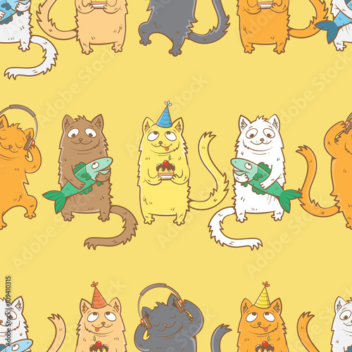Fototapeta Naklejka Na Ścianę i Meble -  Seamless pattern with cute cartoon cats  on  yellow  background. Children's illustration.  Vector image.