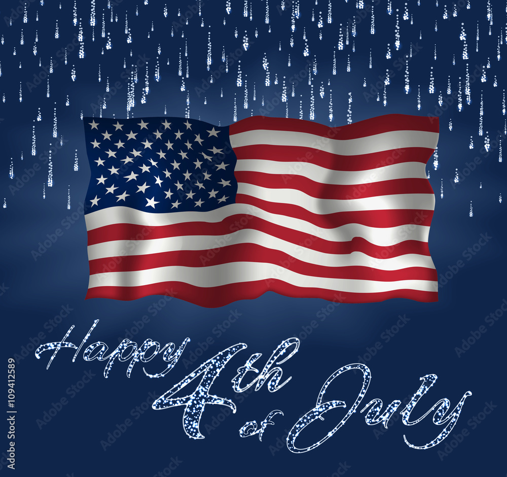 Festive design for fourth of July Independence Day USA. With realistic american flag, firework and glitter text.