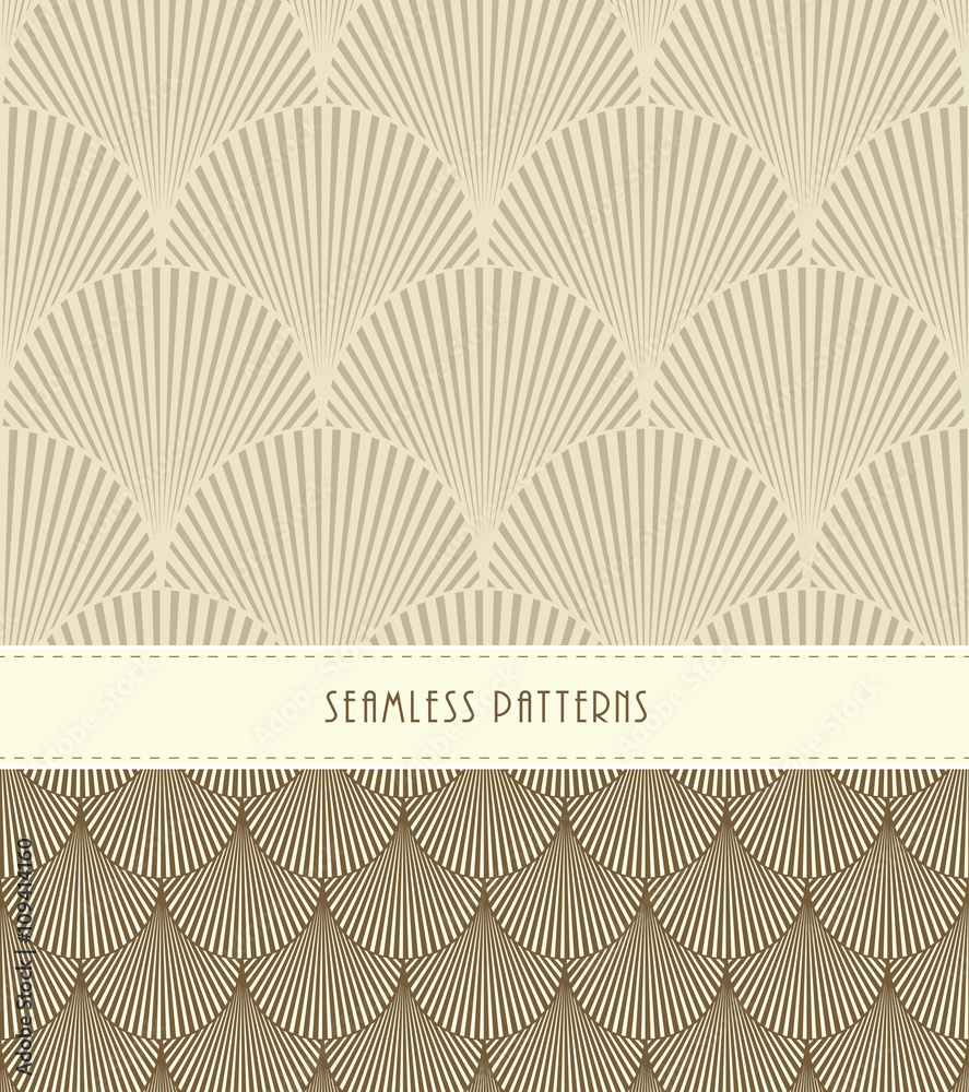 2 feathers or fish scales Japanese style seamless patterns, in brown, sepia