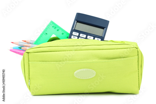 Quadro su tela Pencil case full of school supplies isolated on white